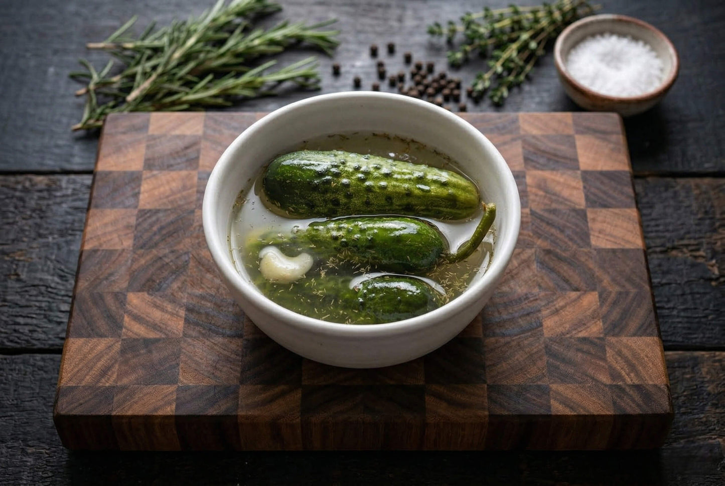 Cucumbers in a bowl on a wooden cutting board with herbs and salt in the background