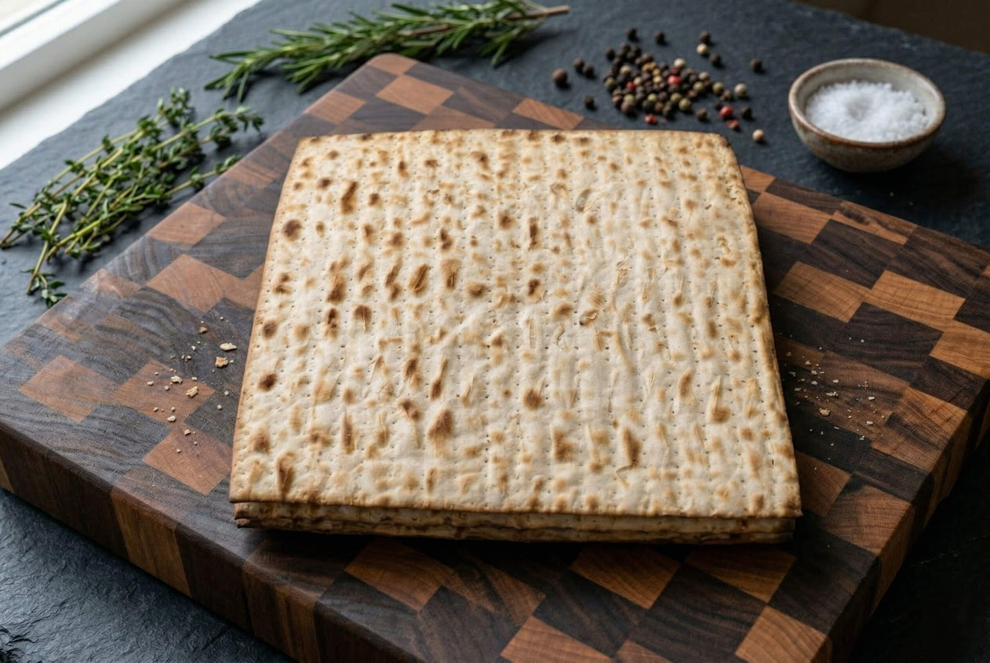 Square piece of matzah on a wooden cutting board with herbs and spices.