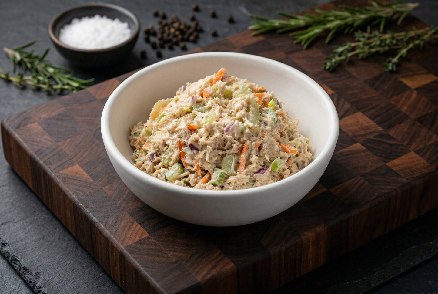 Bowl of tuna salad on a wooden cutting board with herbs and spices in the background