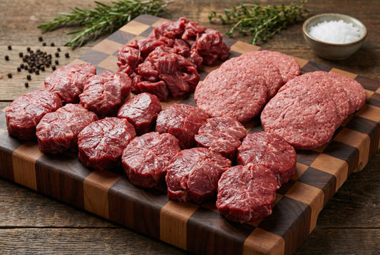 Fresh cuts of beef including patties and ground meat displayed on a wooden board with herbs and spices, highlighting quality.