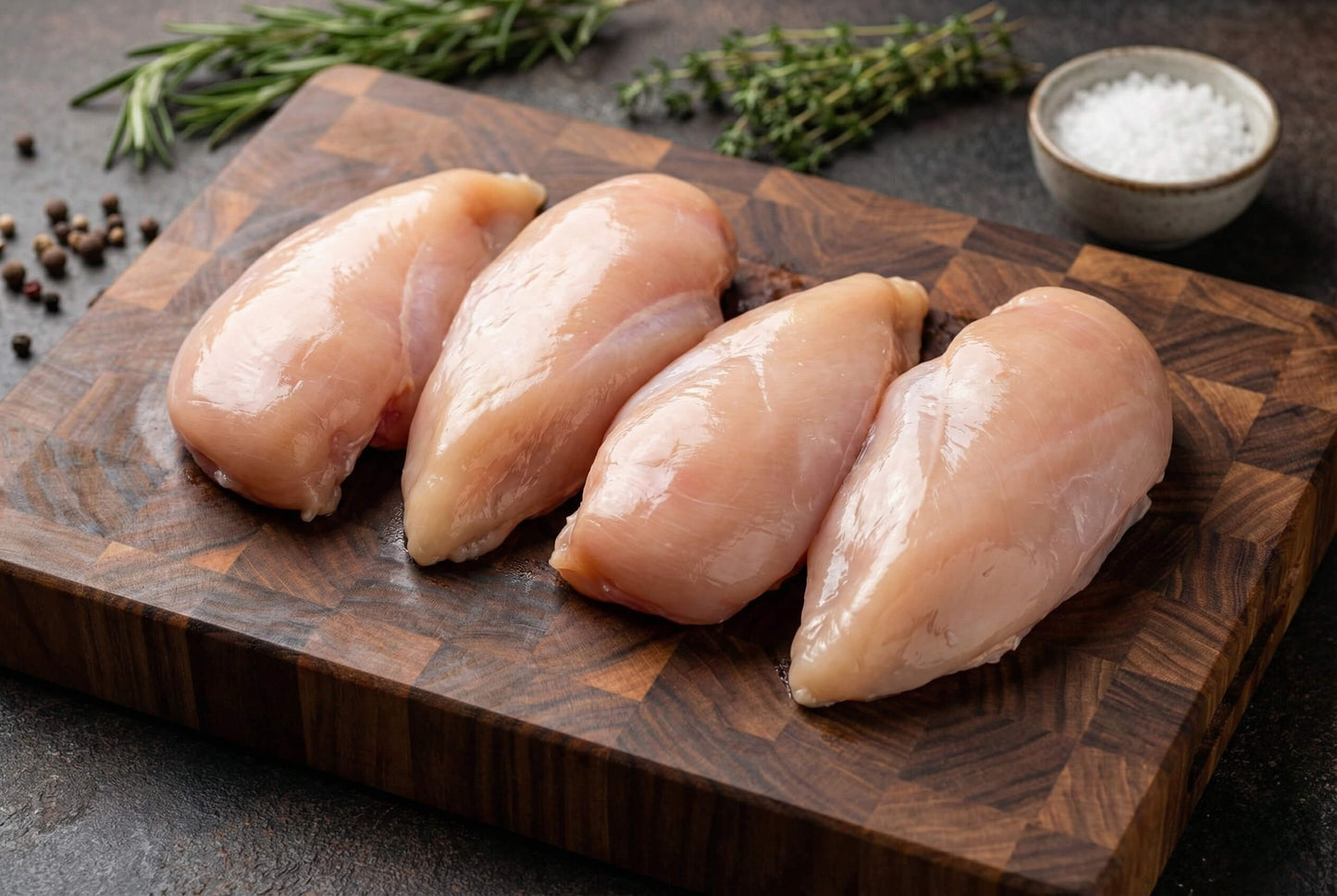 Plump Chicken Breast on a wooden cutting board with fresh herbs and salt.
