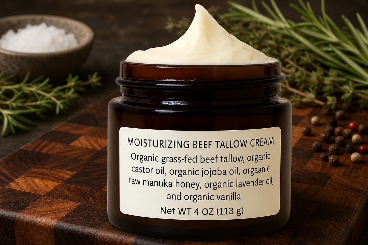 Jar of moisturizing beef tallow cream on a wooden surface with herbs and spices.