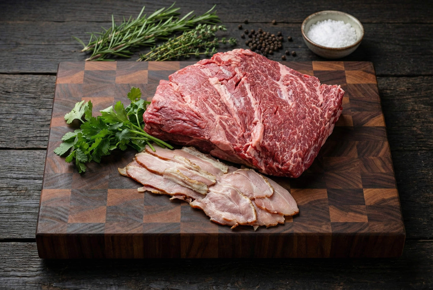 Infused French Roast/Brick Roast displayed on a wooden cutting board with herbs and sliced meat.