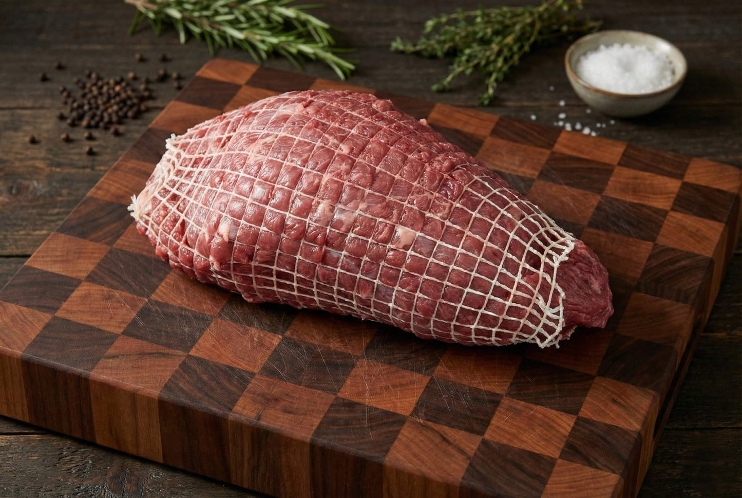 Fresh Silver Tip/End Roast wrapped in netting, displayed on a wooden cutting board with herbs and spices.