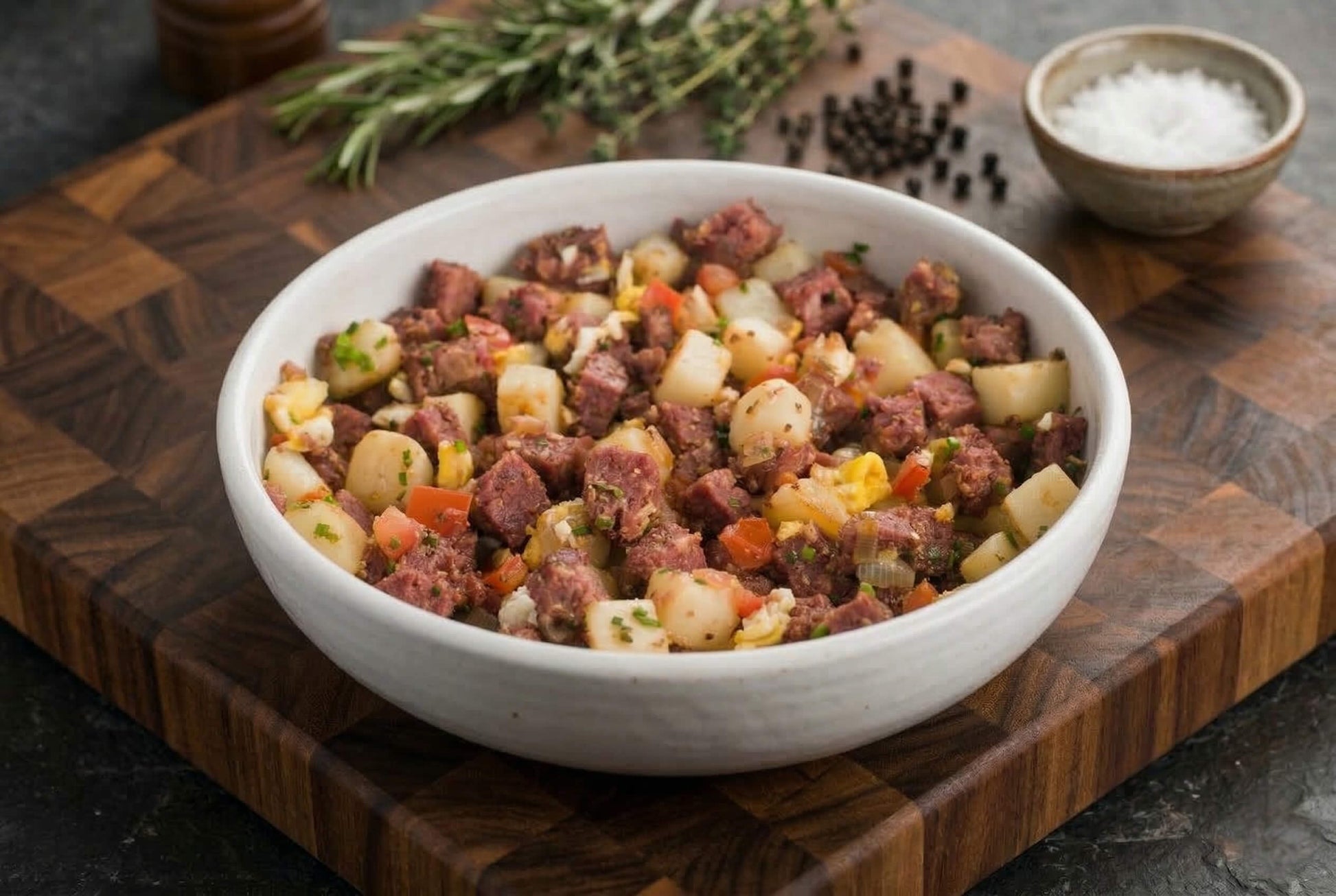 White bowl of corned beef hash on a wooden cutting board with herbs and salt.