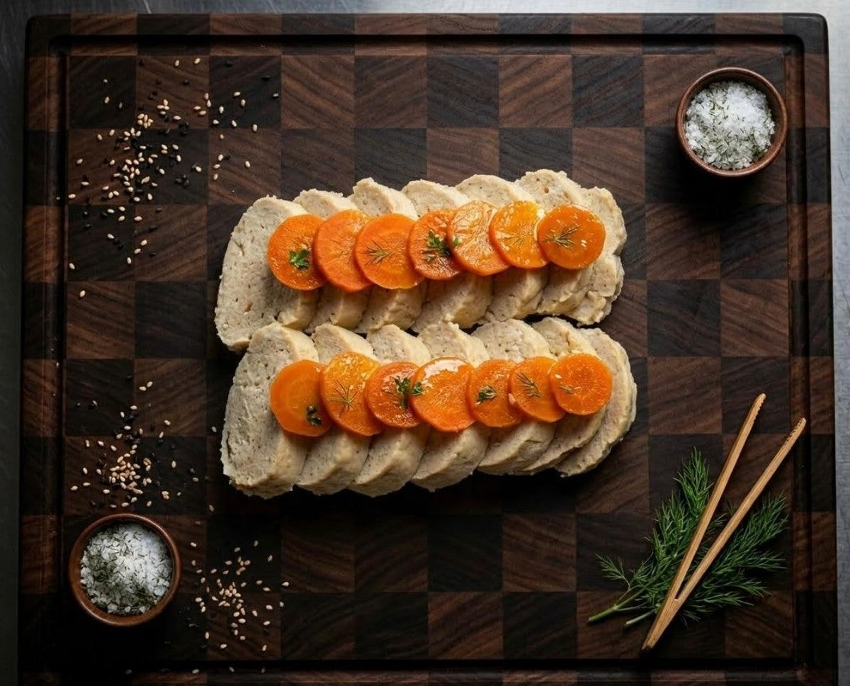 Loaf of Gefilte Fish with sliced carrots on a wooden cutting board