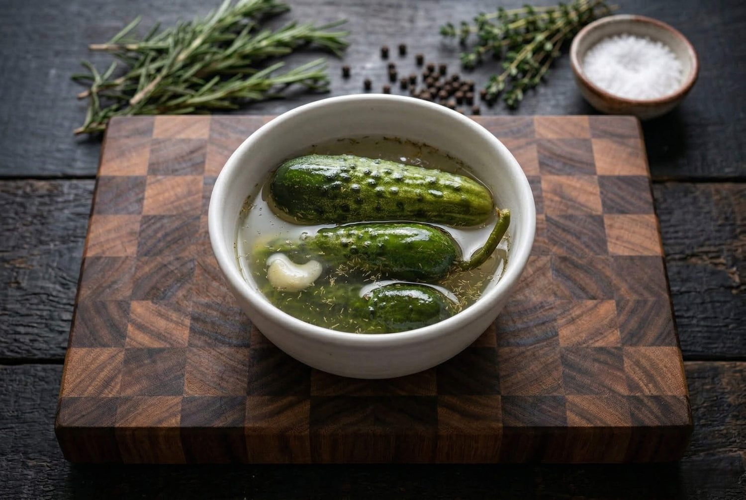 Cucumbers in a bowl on a wooden cutting board with herbs and salt in the background