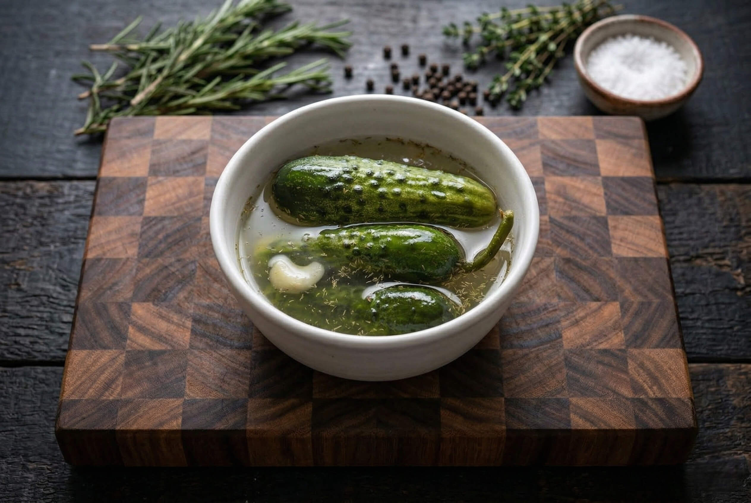 Cucumbers in a bowl on a wooden cutting board with herbs and salt in the background