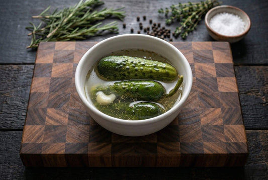 Cucumbers in a bowl on a wooden cutting board with herbs and salt in the background