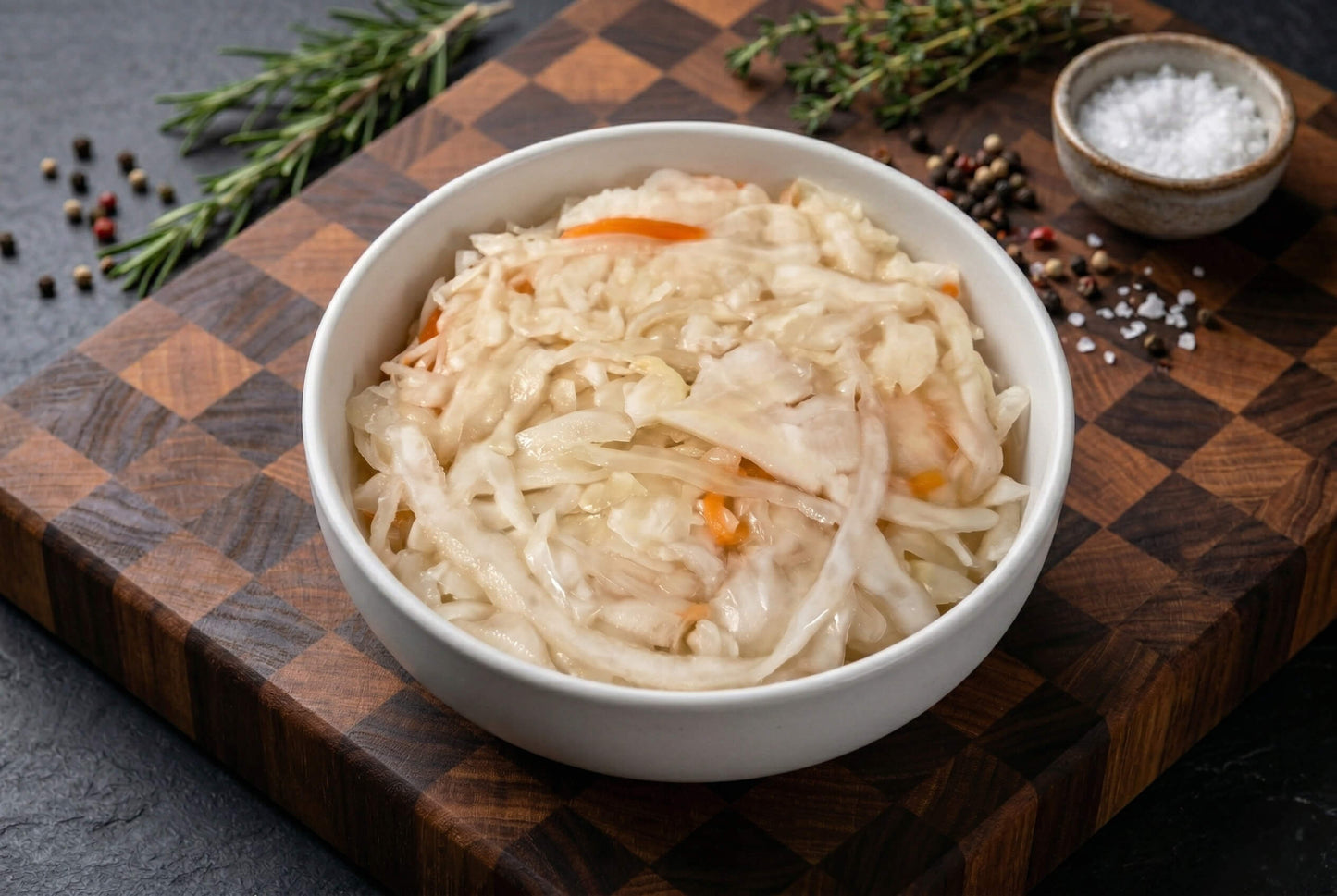 White bowl of sauerkraut on a wooden cutting board