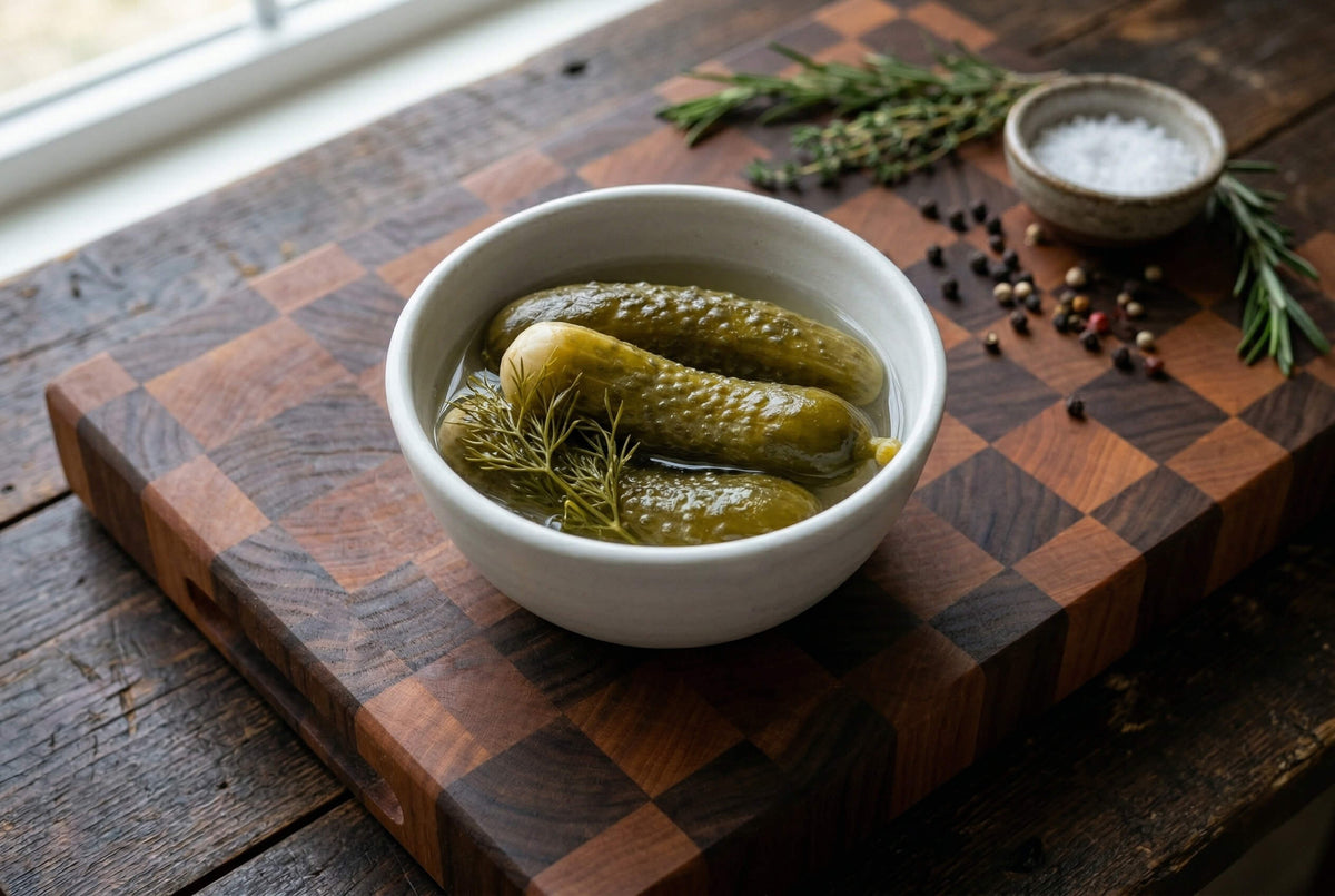 White bowl with pickles on a wooden cutting board with herbs and spices.