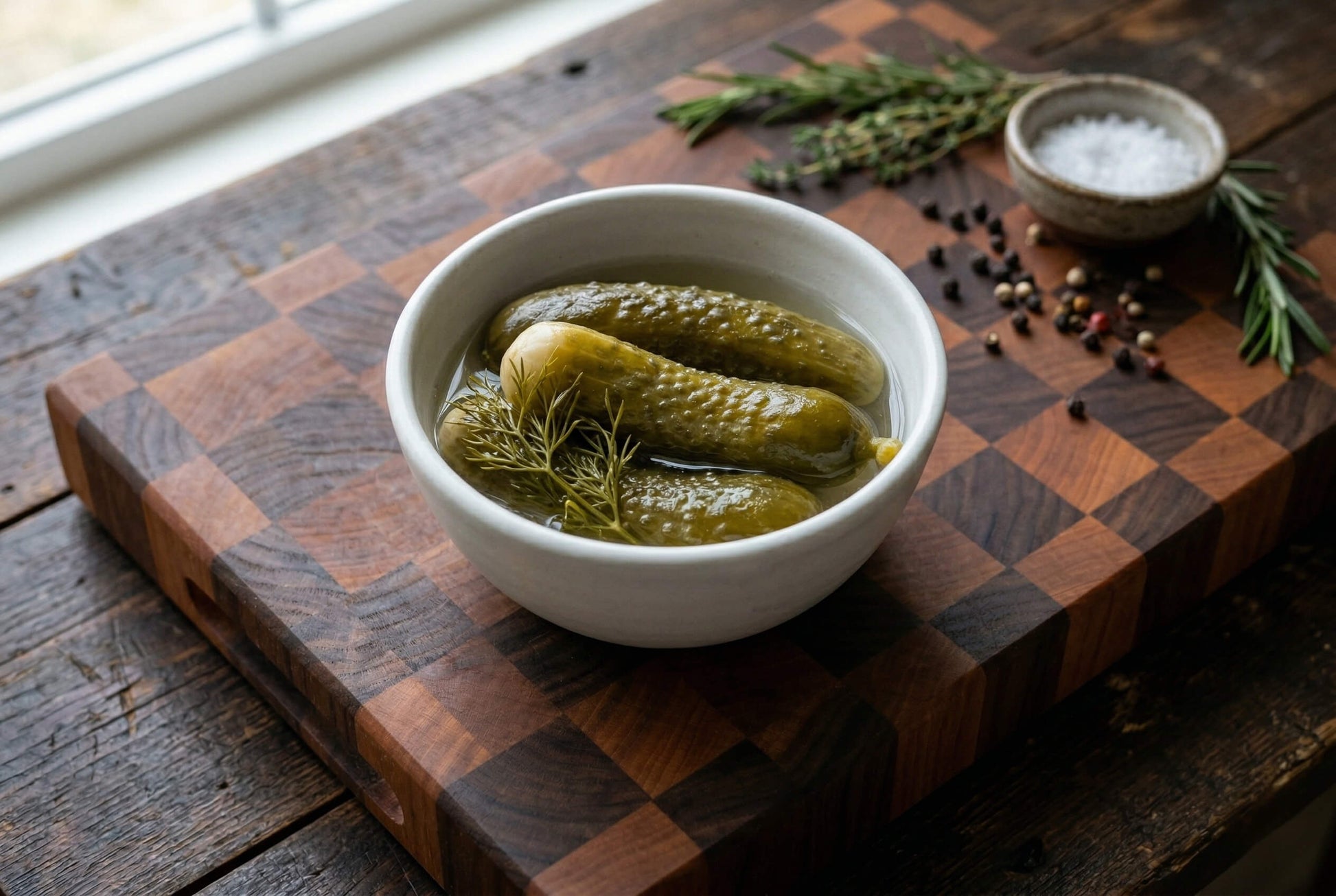White bowl with pickles on a wooden cutting board with herbs and spices.