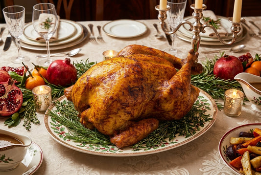 A roasted whole turkey on a decorative platter with green herbs, set on a dining table surrounded by plates, wine glasses, candles, pomegranates, oranges, and mixed vegetables.