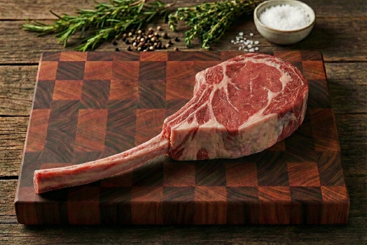 Tomahawk Steak (Prime & Dry Aged) displayed on a wooden cutting board with herbs and salt.