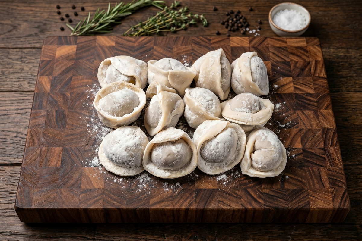 Uncooked dumplings on a wooden cutting board with herbs and salt.