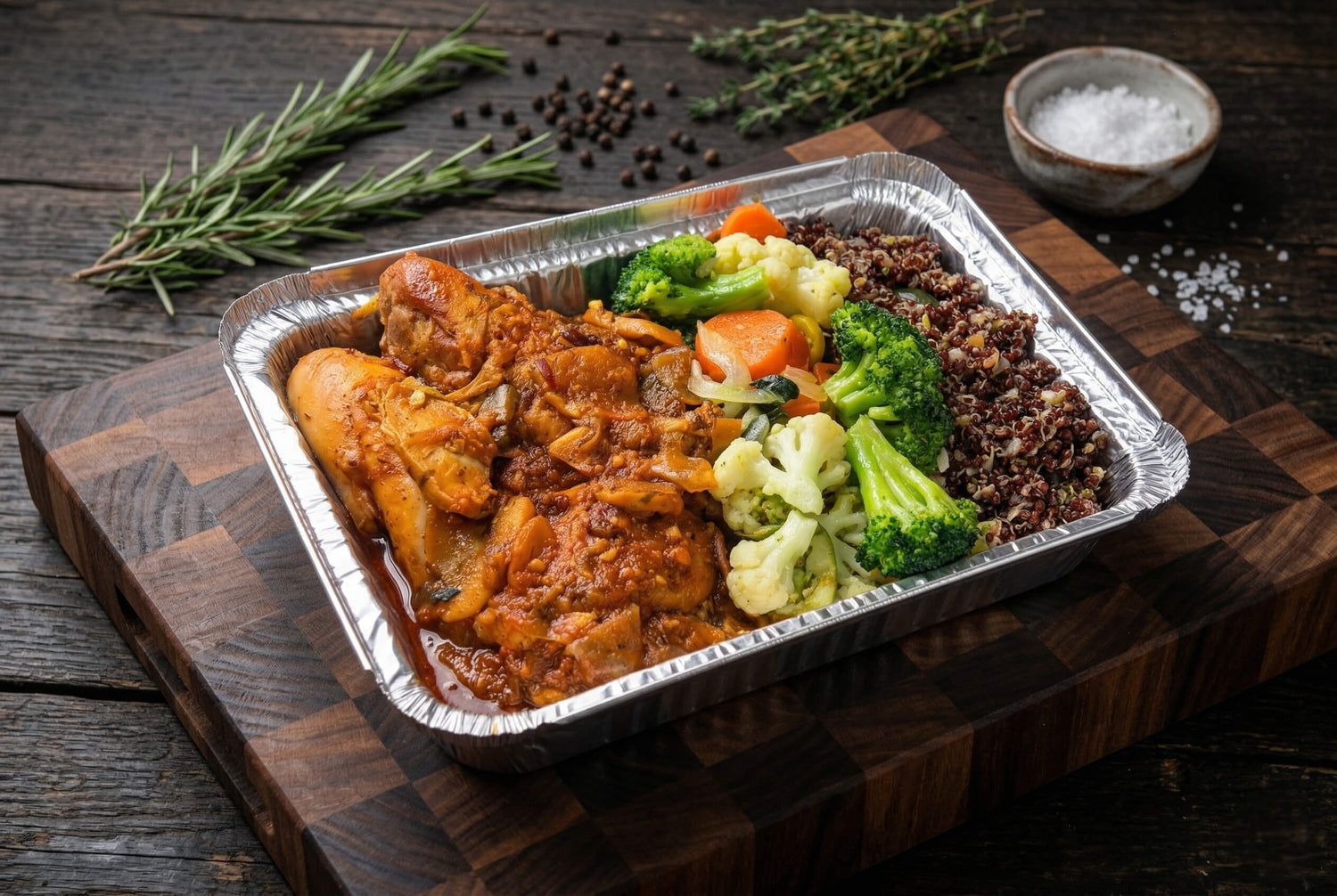 Aluminum tray with roasted chicken, vegetables, and rice on a wooden surface.